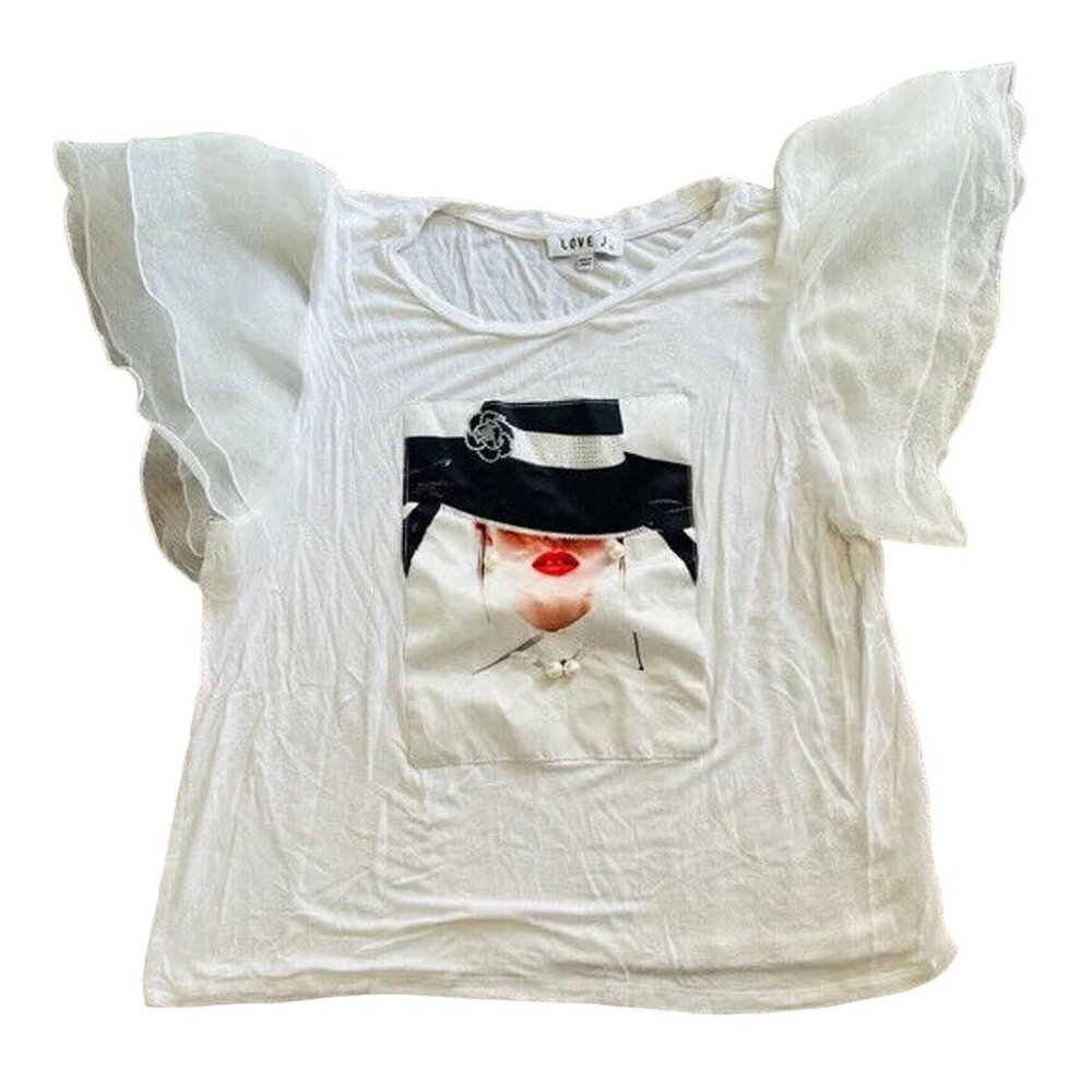 Love J. Women's White Ruffle Sleeve Graphic Blouse Size XL